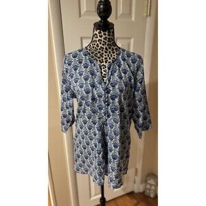 Anokhi India Tunic Top  Size L 100% Cotton Blue Floral Button Accent Boho Indie
